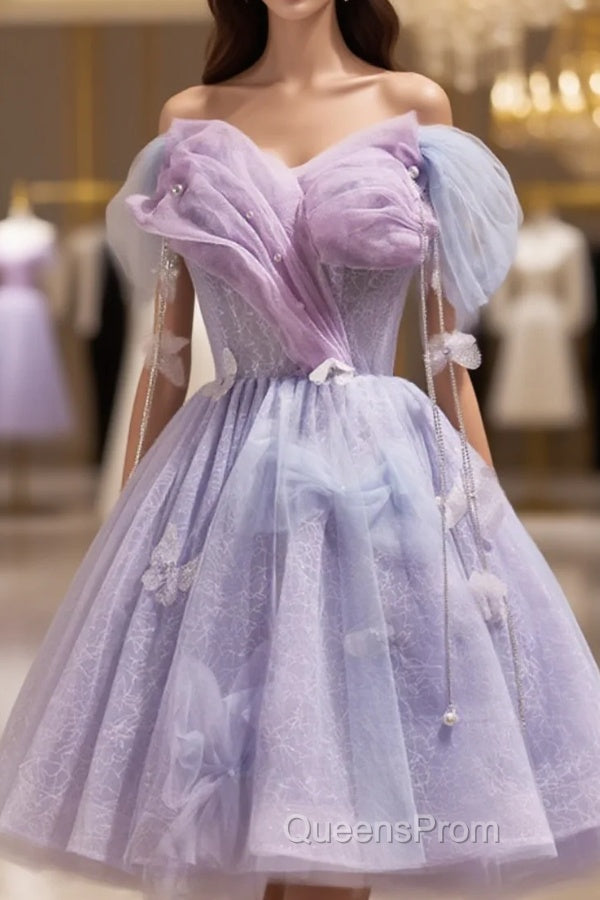 Lightpurple Tulle Off Shoulder Short Evening Prom Dress, Cute A-Line Off Shoulder Homecoming Dress Main image