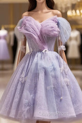 Lightpurple Tulle Off Shoulder Short Evening Prom Dress, Cute A-Line Off Shoulder Homecoming Dress