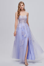 Lilac Appliques Lace-Up A-Line Long Prom Dresses with Slit