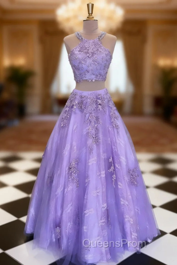 Lilac Ball Gown Scoop Neck Sleeveless Long/Floor-Length Tulle Evening Prom Dress With Appliqued Beading Main image