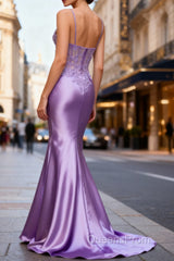 Lilac Floral Classy Mermaid Corset Long Evening Prom Dress