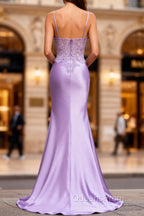 Lilac Floral Mermaid Corset Long Evening Prom Dress with Slit