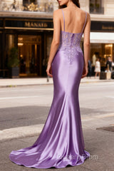 Lilac Floral Mermaid Corset Long Evening Prom Dress with Slit