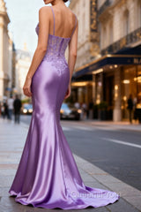 Lilac Floral Unique Mermaid Corset Long Evening Prom Dress with Slit