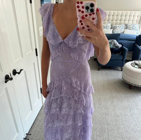 Lilac Lace Long Classy Prom Dress Party Dress 21Th Birthday Outfits