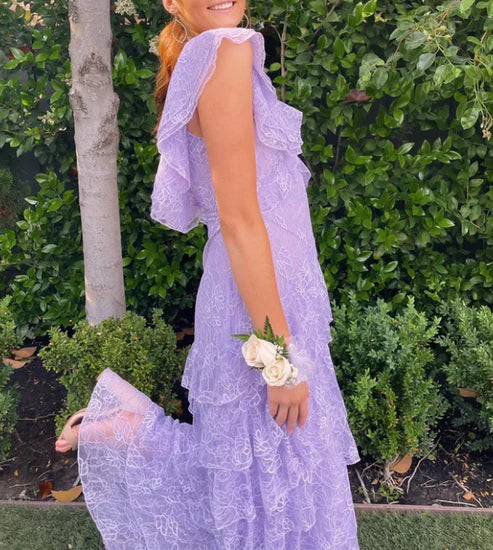 Lilac Lace Long Classy Prom Dress Party Dress 21Th Birthday Outfits