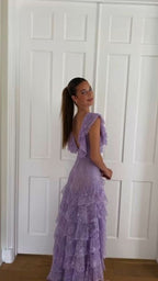 Lilac Lace Long Classy Prom Dress Party Dress 21Th Birthday Outfits