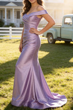 Lilac Mermaid Off the Shoulder Ruched Long Prom Dress