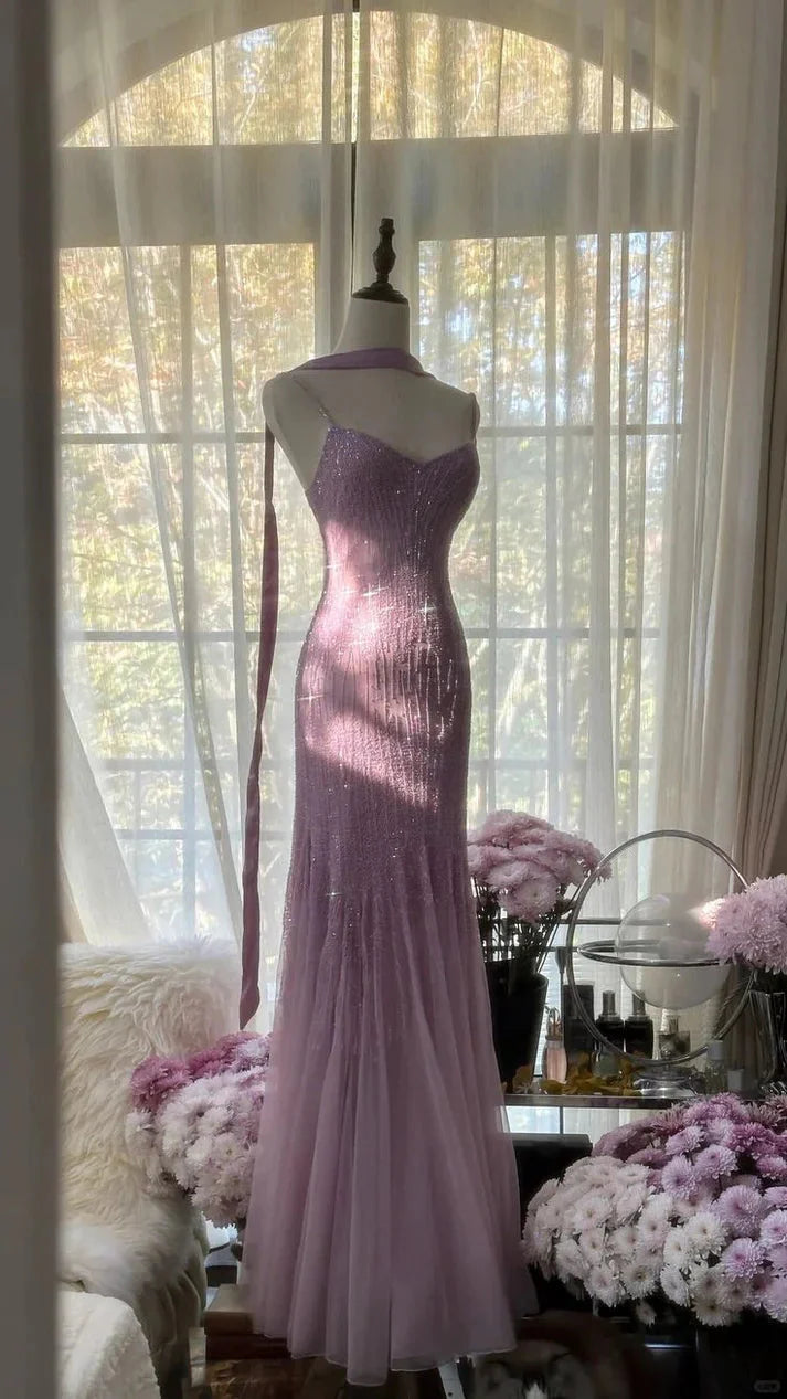 Lilac Mermaid Spaghetti Strap Beaded Chiffon Long Classy Prom Dress Graduation Classy Prom Dress