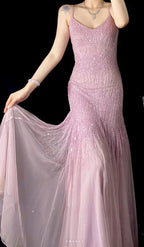 Lilac Mermaid Spaghetti Strap Beaded Chiffon Long Classy Prom Dress Graduation Classy Prom Dress