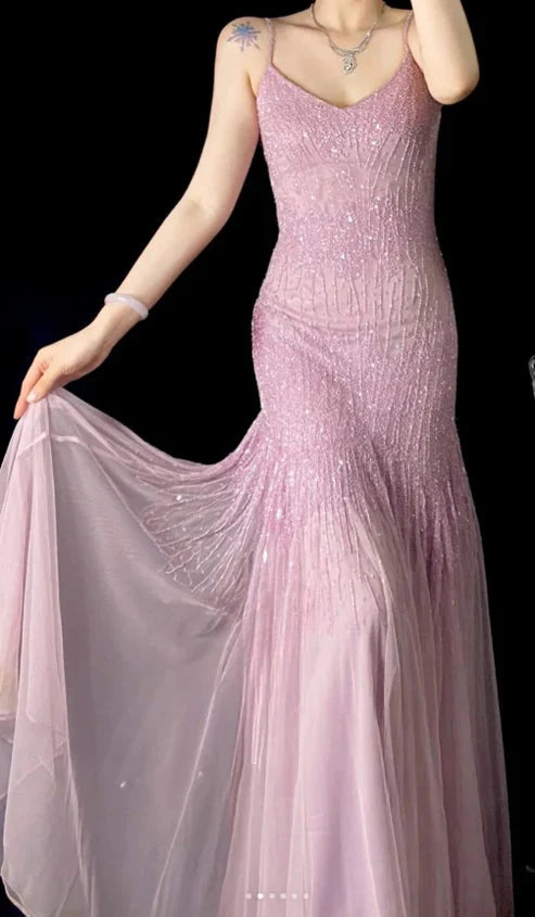 Lilac Mermaid Spaghetti Strap Beaded Chiffon Long Classy Prom Dress Graduation Classy Prom Dress