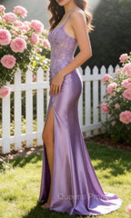 Lilac Mermaid Spaghetti Straps Long Prom Dress with Appliques