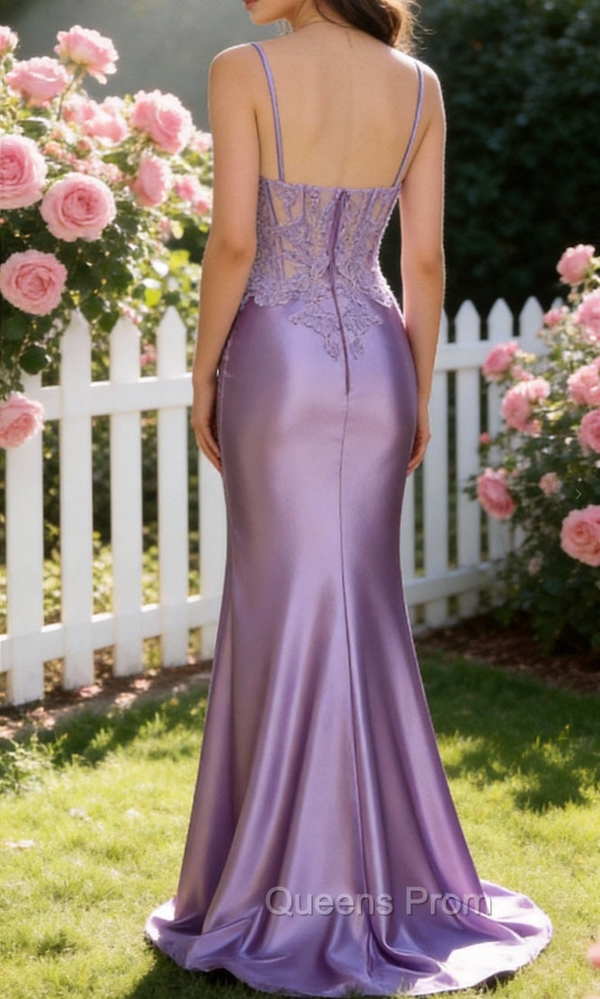Lilac Mermaid Spaghetti Straps Long Prom Dress with Appliques