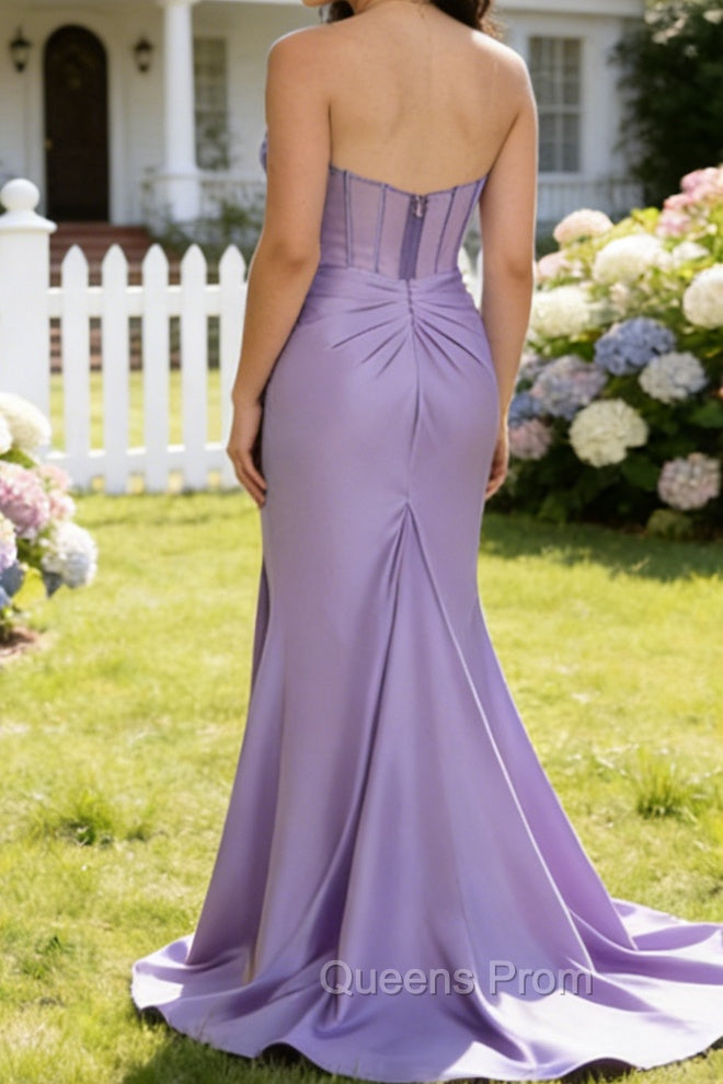 Lilac Mermaid Strapless Pleated Corset Long Prom Dress with Slit