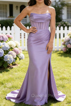 Lilac Mermaid Strapless Pleated Corset Long Prom Dress with Slit