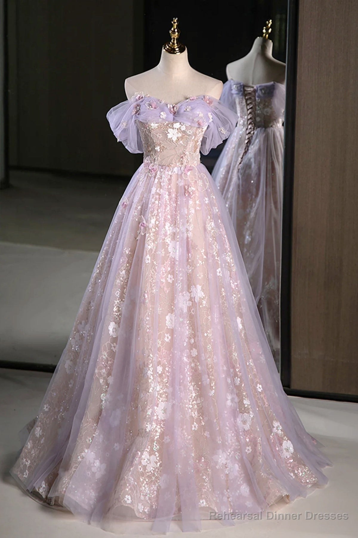Lilac Off The Shoulder Tulle A Line Prom Dress With Appliques Main image