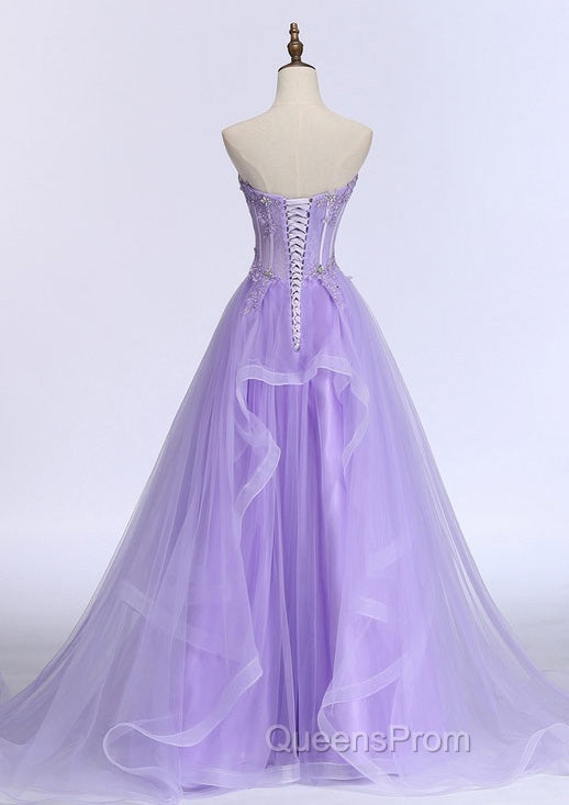 Lilac Evening Prom Dress, A-line/Princess Sweetheart Sleeveless Sweep Train Tulle Evening Prom Dress With Beading Appliqued