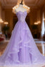 Lilac Evening Prom Dress, A-line/Princess Sweetheart Sleeveless Sweep Train Tulle Evening Prom Dress With Beading Appliqued