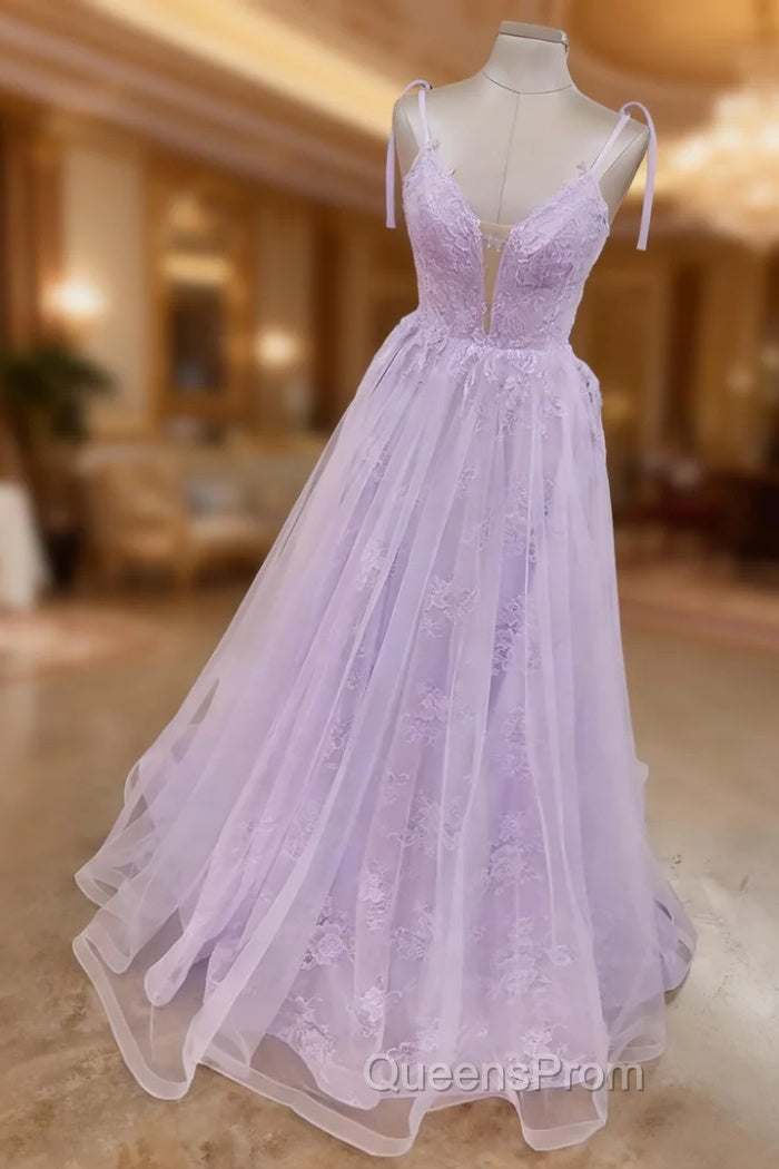 Lilac Evening Prom Dress, A-line V Neck Spaghetti Straps Long/Floor-Length Lace Tulle Evening Prom Dress