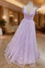 Lilac Evening Prom Dress, A-line V Neck Spaghetti Straps Long/Floor-Length Lace Tulle Evening Prom Dress