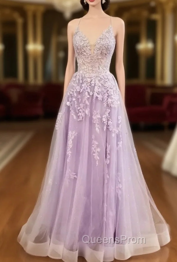 Lilac Evening Prom Dress, A-line V Neck Spaghetti Straps Long/Floor-Length Tulle Evening Prom Dress With Appliqued Sequins Main image