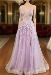 Lilac Evening Prom Dress, A-line V Neck Spaghetti Straps Long/Floor-Length Tulle Evening Prom Dress With Appliqued Sequins