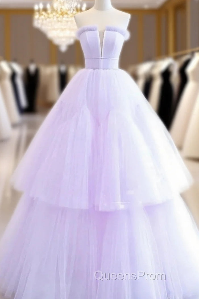 Lilac Purple Strapless Tulle Sheer A Line Evening Prom Dress Main image