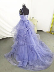 Lilac Tull Lace Applique Ball Gown Straps Long Evening Prom Dress Elegant Evening Dress