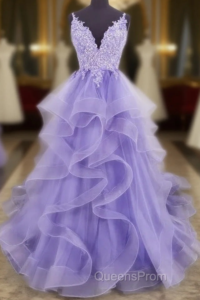 Lilac Tull Lace Applique Ball Gown Straps Long Evening Prom Dress Elegant Evening Dress Main image