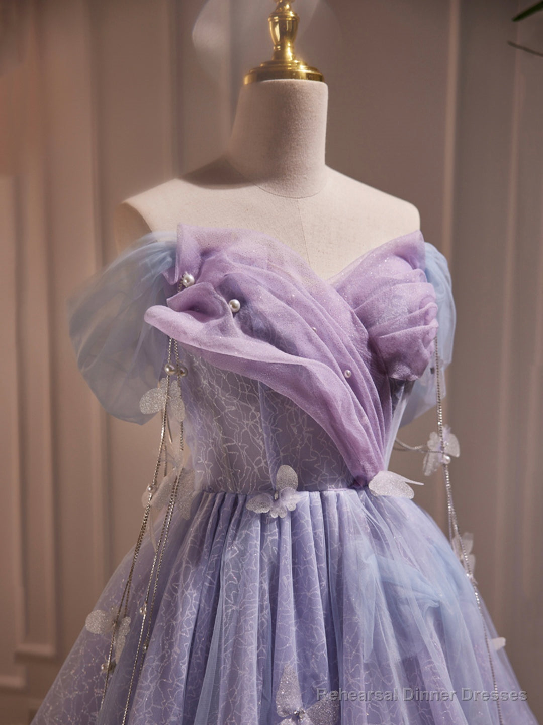 Purple Tulle Knee Length Birthday Party Formal Dress, Off the Shoulder Purple Prom Dress Secondary image