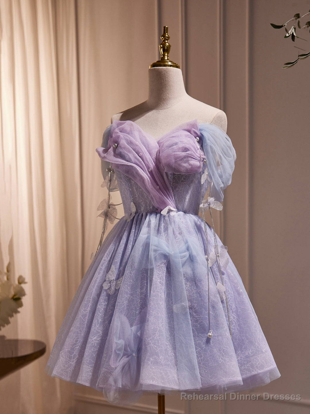 Purple Tulle Knee Length Birthday Party Formal Dress, Off the Shoulder Purple Prom Dress Main image