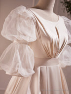 Beautiful Scoop Neck Tea Length Prom Dress, A-Line Puffy Short Sleeve Backless Party Dress