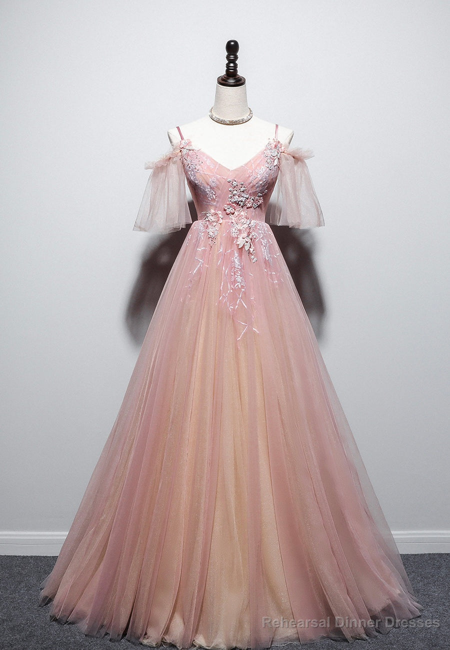 Pink V-Neck Lace Long Prom Dresses, A-Line Evening Dresses Main image