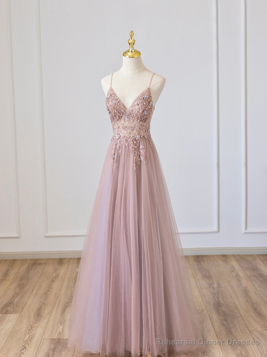 Pink V-Neck Tulle Long Prom Dress with Beaded, Pink Spaghetti Strap Evening Dress Main image