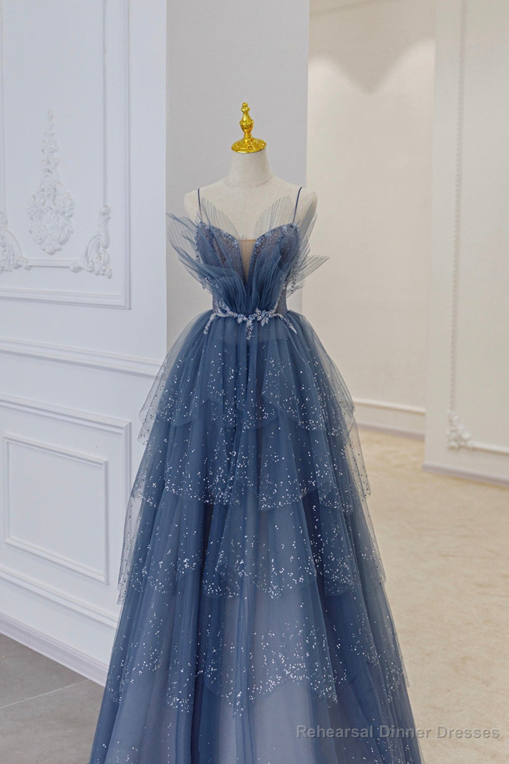 Blue Tulle Layers Straps Beaded Long Prom Dresses, A-Line Evening Dresses Main image