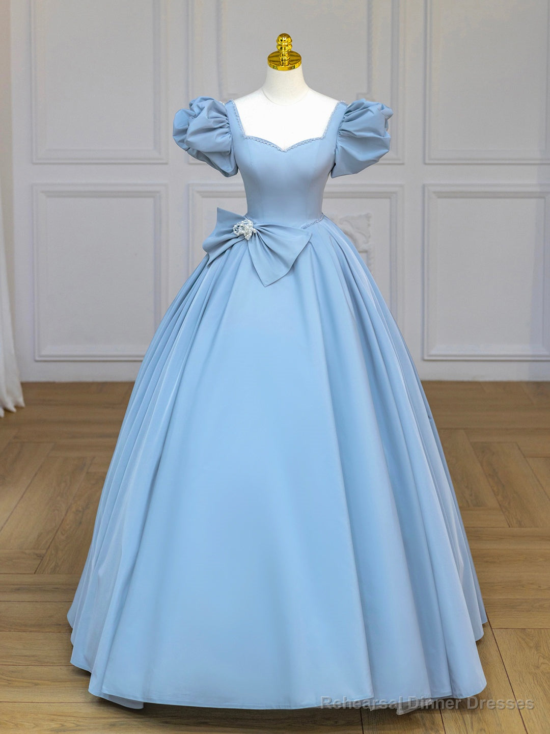 Blue Satin Long Prom Dress with Bow, Blue A-Line Formal Evening Dress Main image