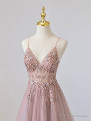 Pink V-Neck Tulle Long Prom Dress with Beaded, Pink Spaghetti Strap Evening Dress