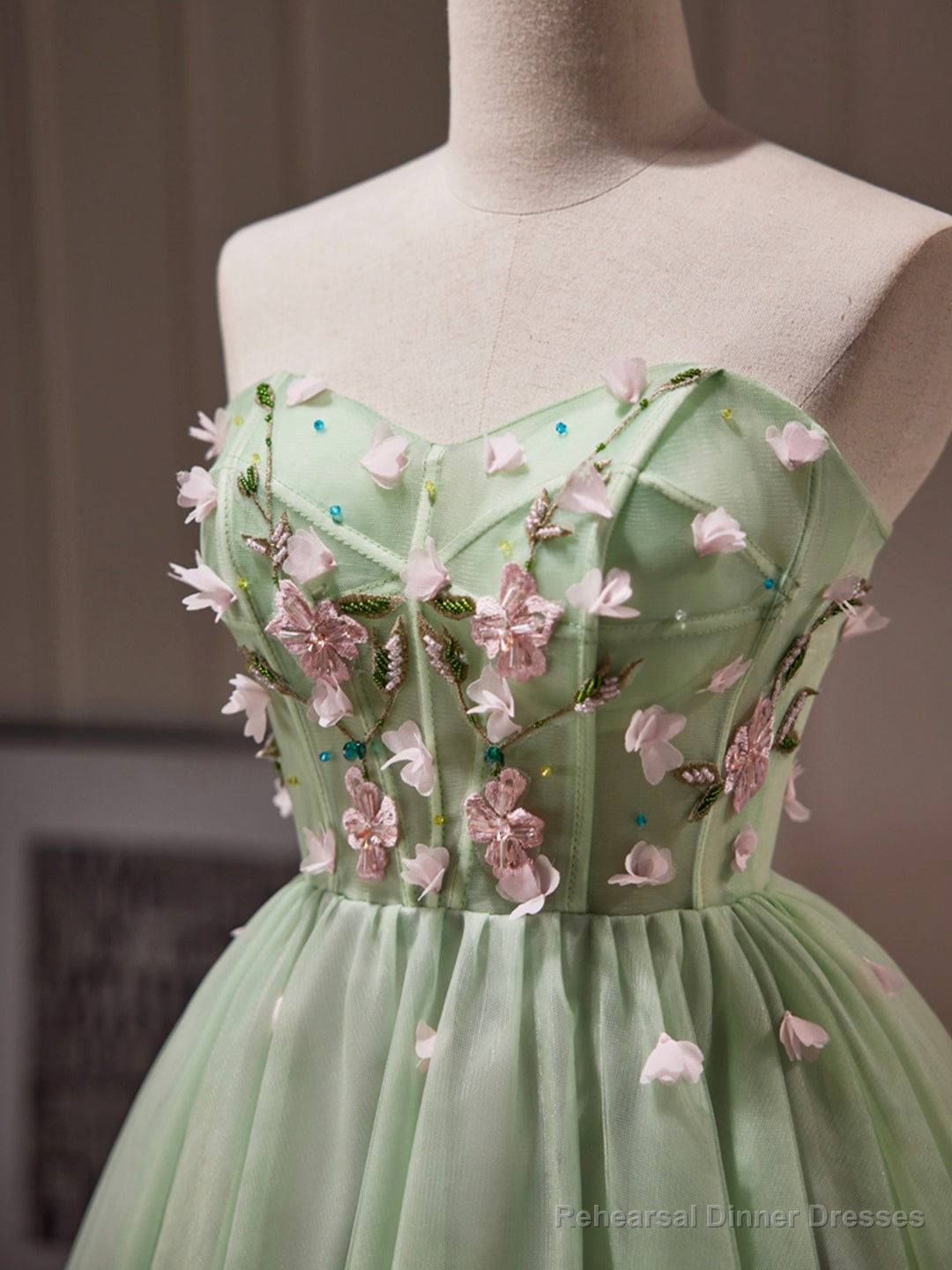 Green Tulle Beaded Party Dress, Green Short Prom Dress with Flowers Secondary image