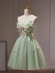 Green Tulle Beaded Party Dress, Green Short Prom Dress with Flowers