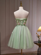 Green Tulle Beaded Party Dress, Green Short Prom Dress with Flowers