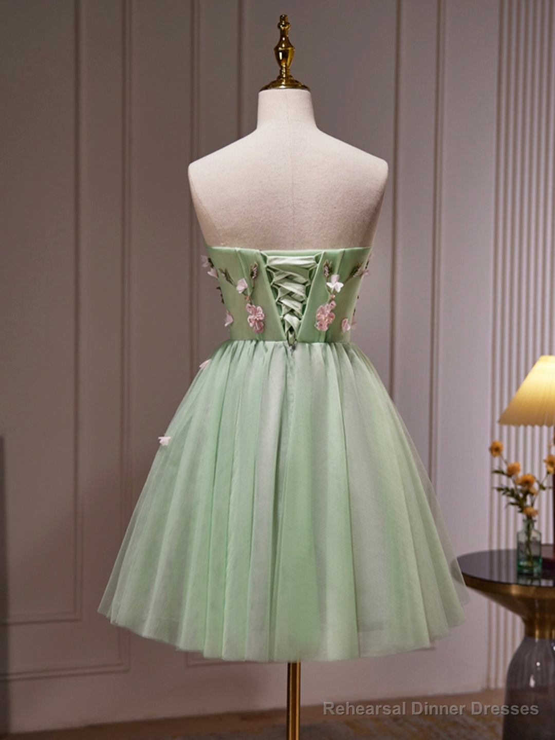 Green Tulle Beaded Party Dress, Green Short Prom Dress with Flowers