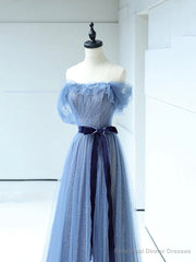 Strapless Tulle Blue Floor Length Prom Dress, A-Line Blue Evening Party Dress