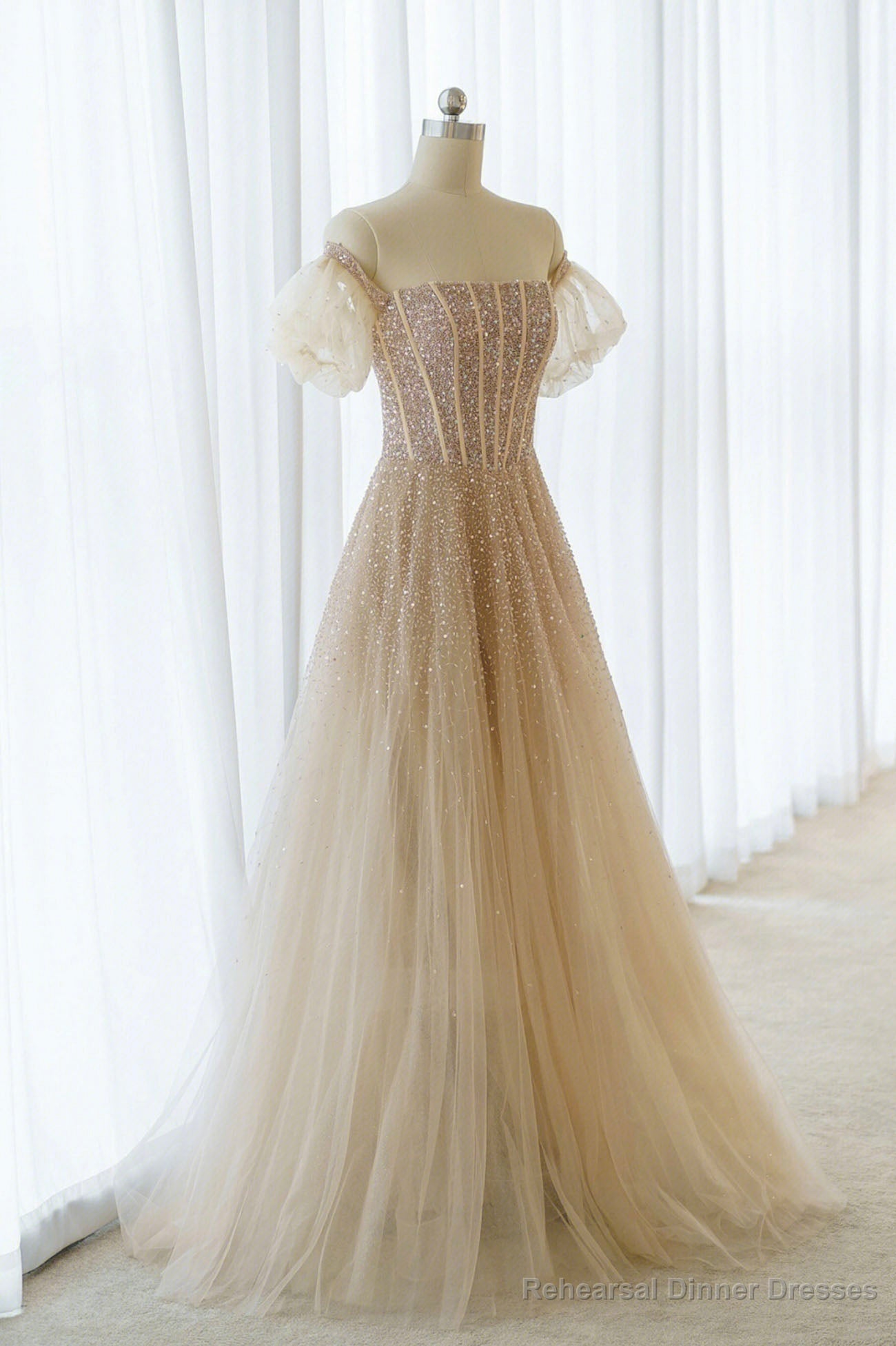A-Line Tulle Beaded Long Prom Dress, Champagne Short Sleeve Evening Dress Main image