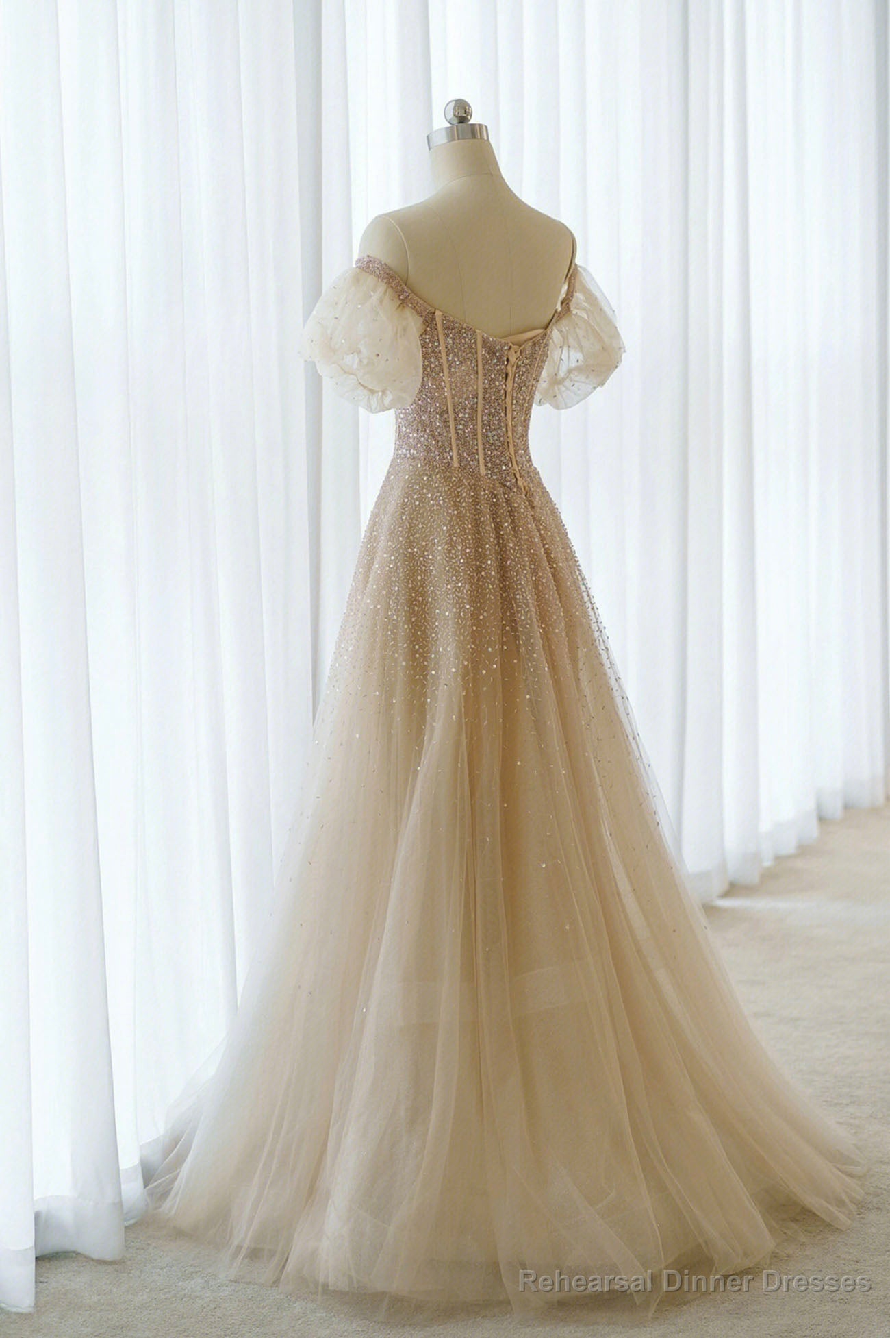 A-Line Tulle Beaded Long Prom Dress, Champagne Short Sleeve Evening Dress Secondary image