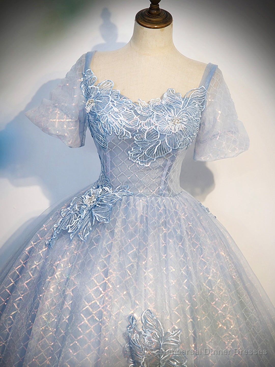 Blue Tulle Lace Long Prom Dress, Shiny A-Line Short Sleeve Evening Dress Main image