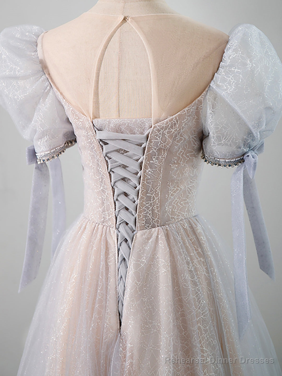 Cute Tulle Beaded Long Prom Dress, A-Line Short Sleeve Evening Dress Main image