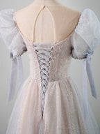 Cute Tulle Beaded Long Prom Dress, A-Line Short Sleeve Evening Dress