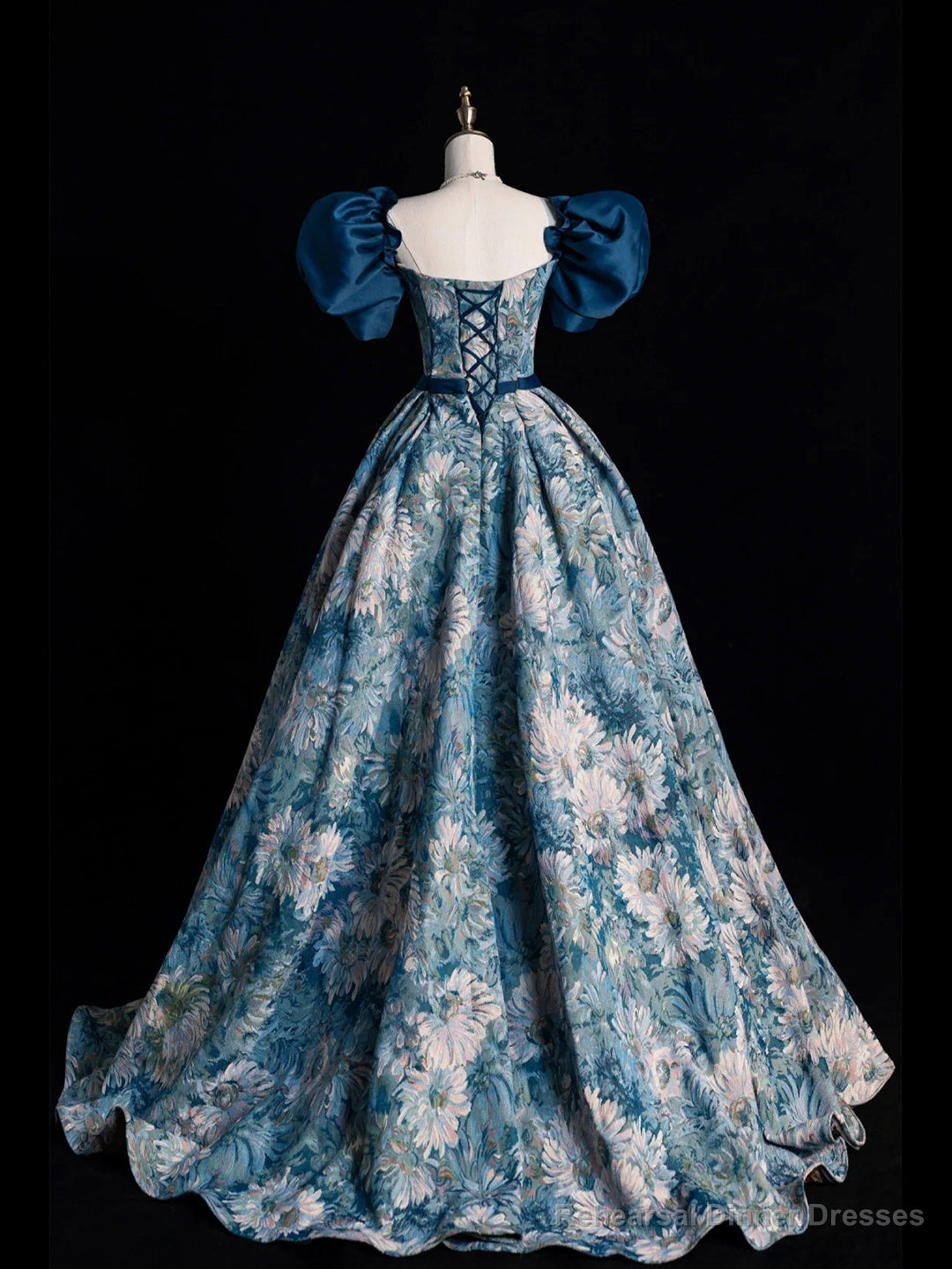 Blue Printed Long Ball Gown, Elegant A-Line Short Sleeve Evening Dress Secondary image