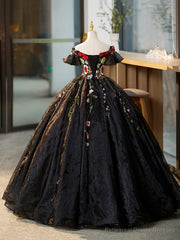 Black Tulle Long Prom Dress with Lace Flowers, Beautiful Off Shoulder Evening Gown