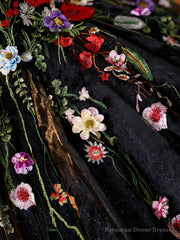 Black Tulle Long Prom Dress with Lace Flowers, Beautiful Off Shoulder Evening Gown